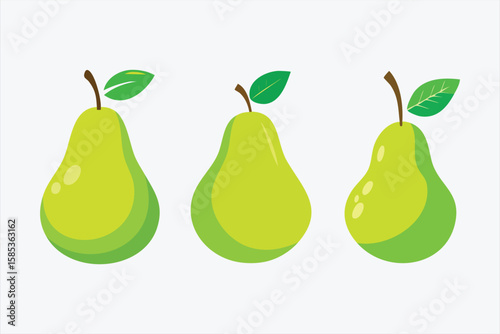 Three Green Pears with Leaves on a White Background Illustration