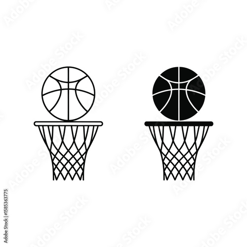 Basketball Going Through the Hoop Net Graphic Design Illustration, Silhouette And Line Art.