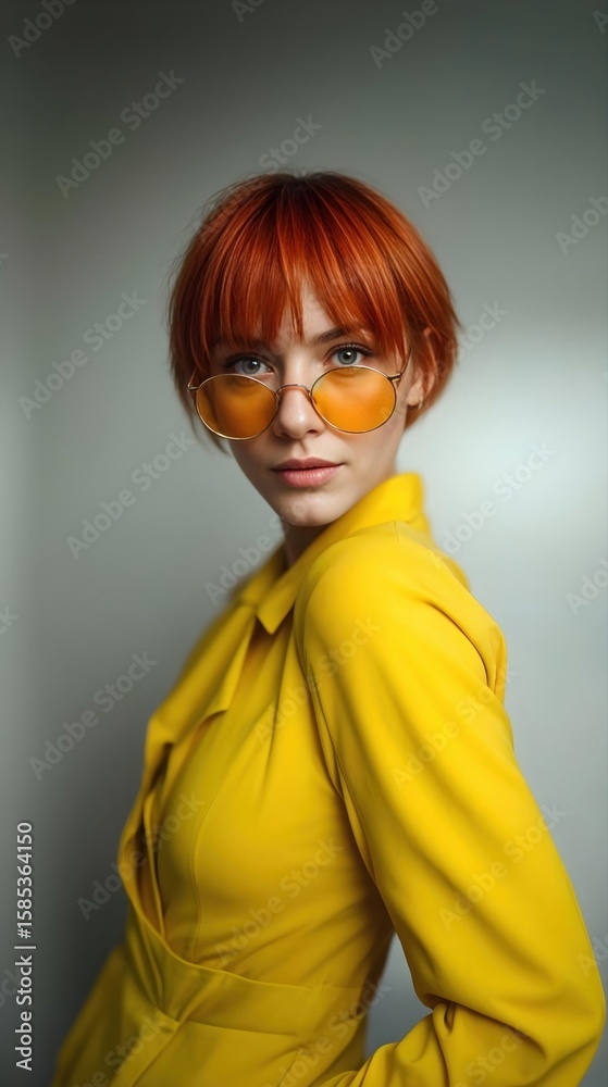 Portrait mode d'une femme rousse en veste jaune et lunettes rondes Portrait mode d'une femme rousse en veste jaune et lunettes rondes