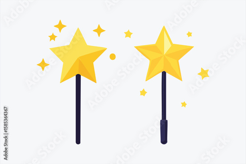 Two yellow star-shaped magic wands with small stars on a white background