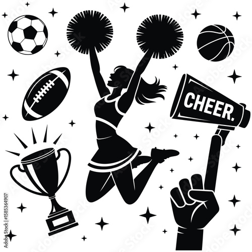 Black trophy, Balls, cheer leading graphic with  cheer leader raised pom poms routine on white background