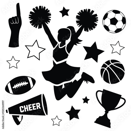 Black trophy, Balls, cheer leading graphic with  cheer leader raised pom poms routine on white background