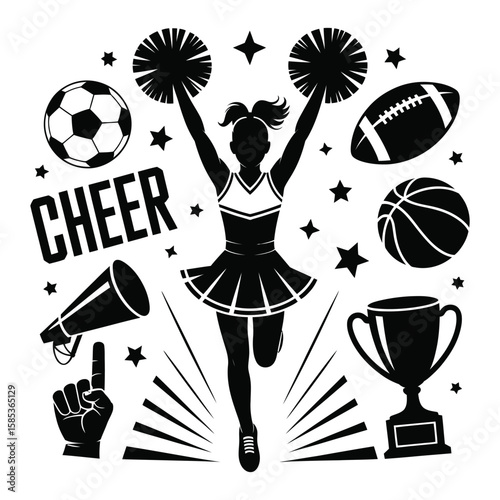 Black trophy, Balls, cheer leading graphic with  cheer leader raised pom poms routine on white background