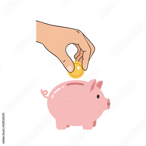 Hand Dropping Coin into Piggy Bank Flat Icon Isolated