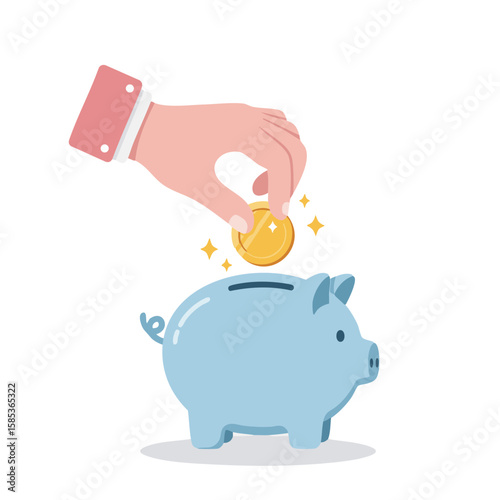 Hand Holding Coin Above Piggy Bank Slot Flat Vector Icon