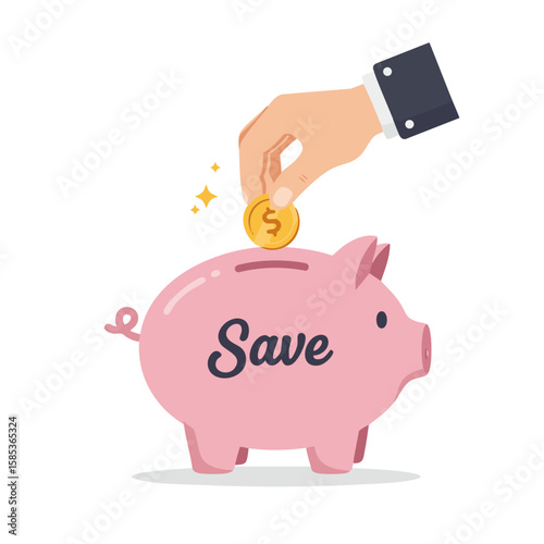 Hand Holding Coin Above Piggy Bank Slot Flat Vector Icon
