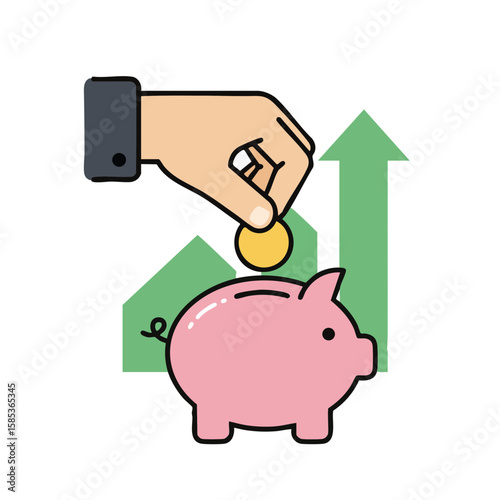 Piggy Bank with Coin and Upward Arrow Flat Style Icon