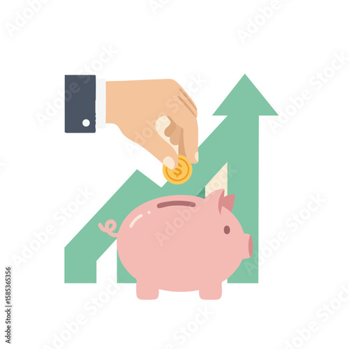 Piggy Bank with Coin and Upward Arrow Flat Style Icon