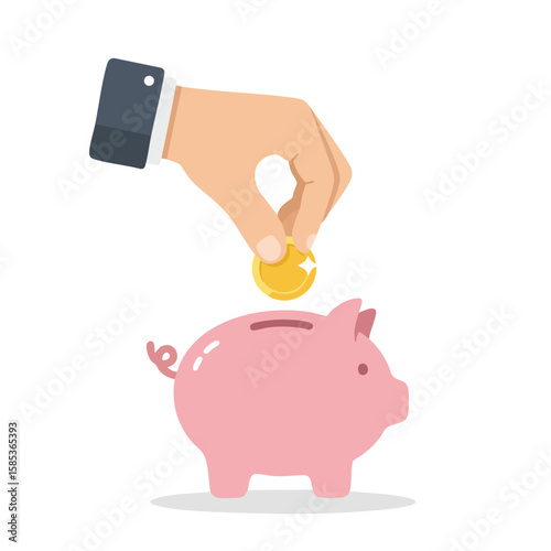 Hand Dropping Coin into Piggy Bank Flat Icon Isolated