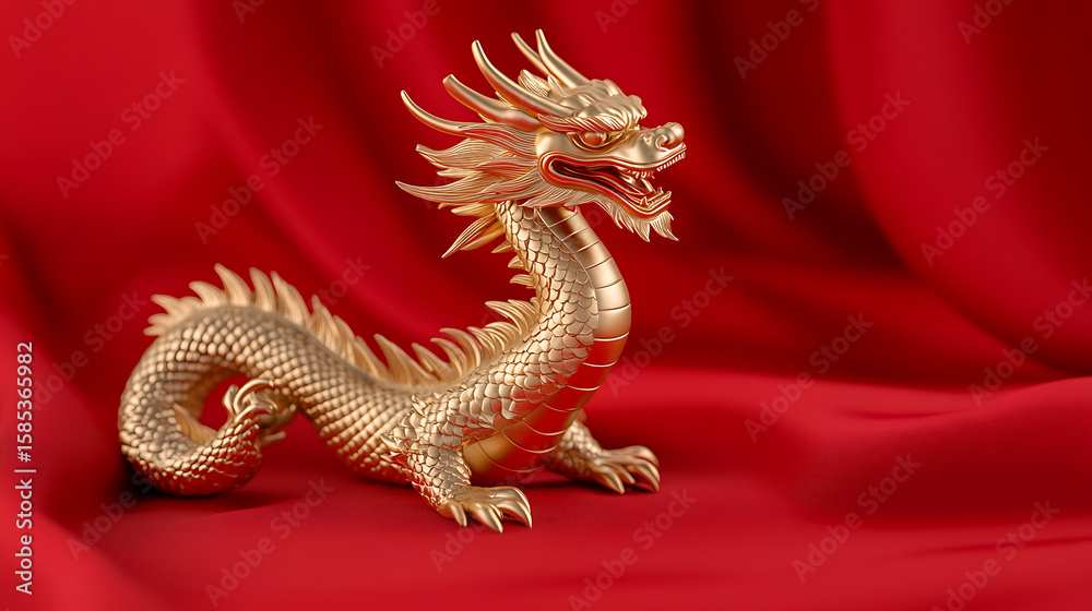Fototapeta premium Golden serpentine sculpture: Mythic eastern dragon, a symbol of power, prosperity and wisdom, on a red silken backdrop.