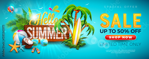 Summer Sale Banner Design with Flower, Beach Holiday Elements and Typography Lettering on Ocean Blue Background. Vector Vacation Business Promotional Shopping Illustration with Special Offer