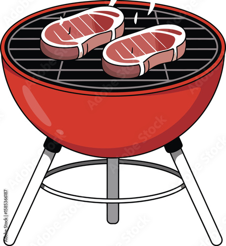 Juicy burgers stakes hotdog grilling on barbecue with vibrant flowers in sunny garden. BBQ concept.