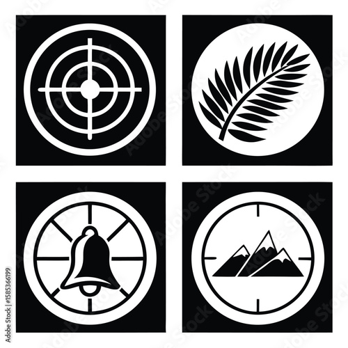 Four white circular icons featuring target bell leaf and mountains on black bullseye