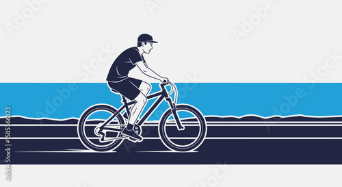 A stylized vector illustration depicts a man cycling on a road near the sea, rendered in a limited color palette with a modern, minimalist aesthetic.