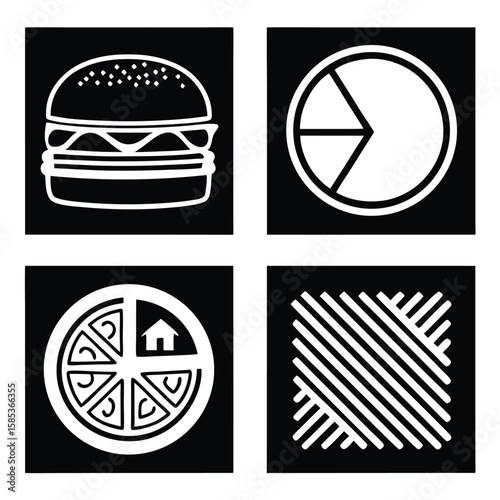 Four white icons on black background hamburger pie chart house pie chart pattern vector