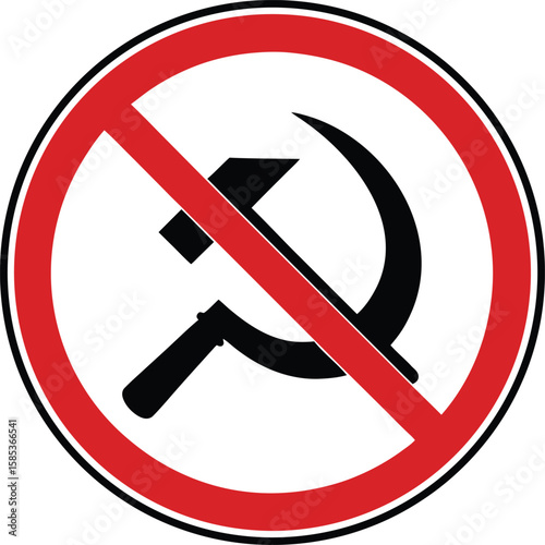 Red circle with diagonal line over black hammer and sickle symbol no communism anti-communist