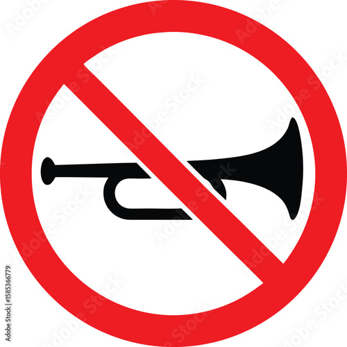 Red prohibition sign with black silhouette of a horn on white background no honking sign