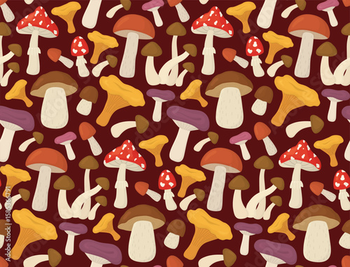 Autumn seamless background with forest mushrooms. Pattern with cute fungus on a dark backdrop