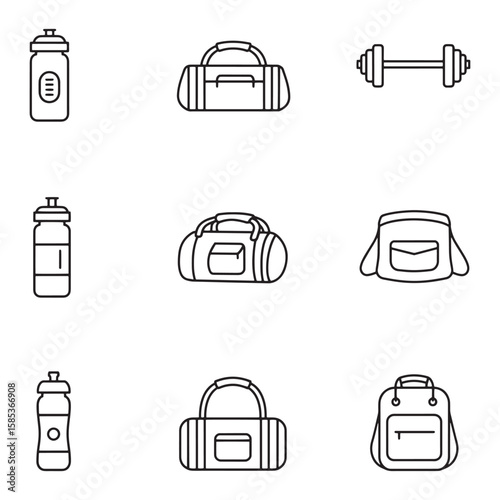 Vector illustration of gym equipment including water bottles, duffel bags, and dumbbell
