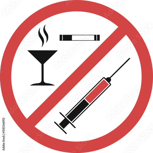 Red prohibition sign with cigarette and syringe icons and martini glass forbidden