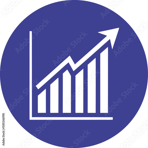 White bar graph with upward trending arrow on blue circle background chart bar chart