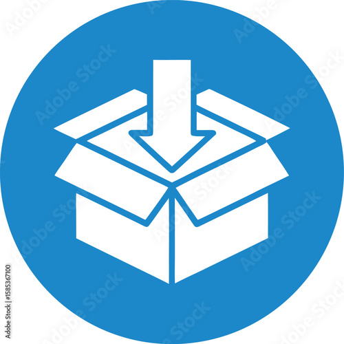 White open box with downward arrow icon on blue circle background cardboard package