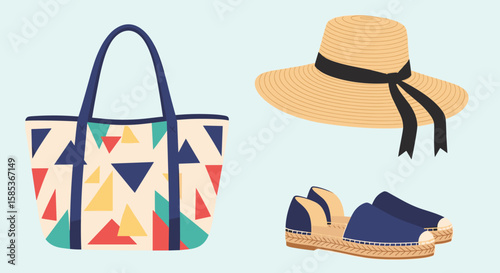 A colorful illustration presents summer essentials, including a beach bag with geometric patterns, a stylish straw hat, and a pair of espadrille shoes, ready for a day at the beach.