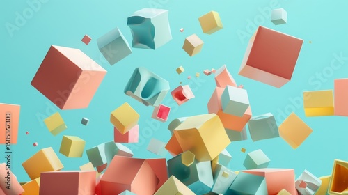 A playfully jumbled collection of cubes seemingly defying gravity as they balance on top of each other.