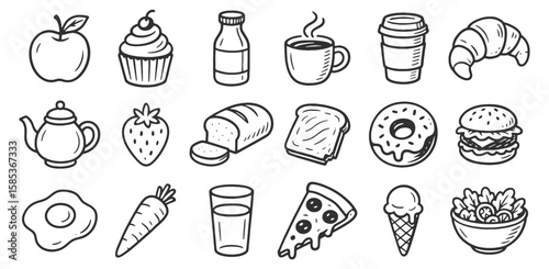Food doodle icon set. Cute hand drawn sketch illustrations of apple, coffee, cupcake, croissant, bread, toast, egg, sandwich, burger, salad. Black and white art for meal and snack themes.