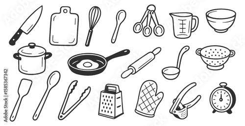 Kitchen utensils doodle icon set. Cute hand drawn sketch illustrations of knife, pan, strainer, spatula, whisk, board, ladle, bowl. Black and white art for cooking tools.