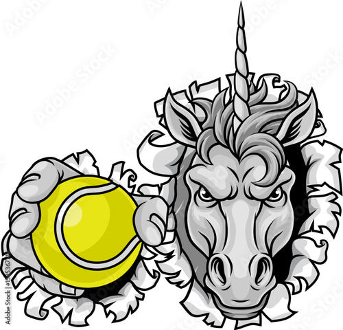Unicorn horse stallion angry tennis sports team mascot holding a ball.