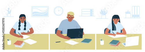 Schoolchildren doing their homework. There are a laptop, notebook and books on the table. Concept of studying at home in isolation or doing homework. Flat vector illustration.