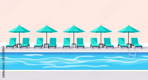 A row of teal lounge chairs and matching umbrellas sits invitingly by a refreshing blue swimming pool, ready for relaxation and summer fun under the sun.