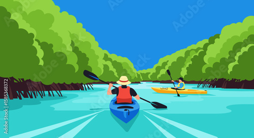 Two people kayak through a lush, vibrant mangrove forest on a sunny day, enjoying outdoor recreational activities and exploring nature's beauty.