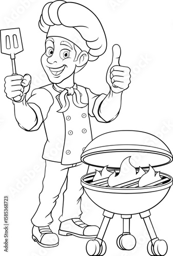 A chef cartoon barbecue cook out brazier cook man giving thumbs up and holding a BBQ spatula mascot character illustration