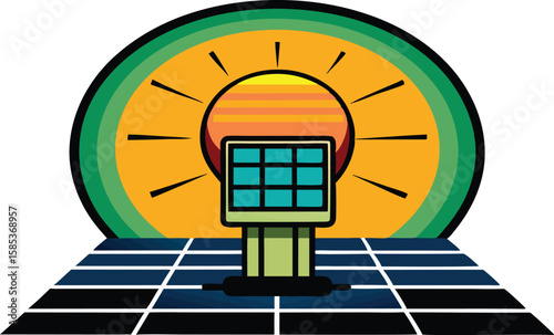 A comprehensive collection of colorful illustrations depicting solar energy panels in settings, emphasizing renewable energy and sustainability