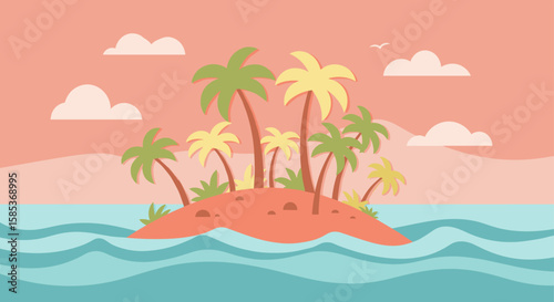 A vibrant cartoon illustration showcases a tropical island paradise with swaying palm trees, gentle waves, and a serene sunset backdrop, evoking relaxation and escape.