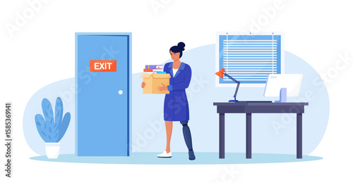 Ableism concept. Discrimination and social prejudice against people with disabilities. Dismissal woman with prosthesis. Sad jobless person, career failure. Diversity and inclusion