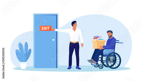 Discrimination against disabled people. Man in wheelchair is fired, employer points at door. Sad jobless person, career failure. Unemployed have problems in job seeking. Inclusion