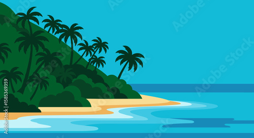 A vibrant cartoon illustration showcases a serene tropical beach with lush palm trees cascading down a green hillside towards the calm turquoise ocean.