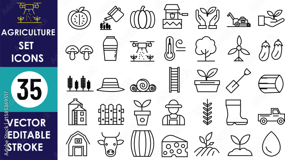 Naklejka premium 35 editable vector icons representing agriculture, farming tools,plants, crops, greenhouse, irrigation, vegetables, weather, livestock, harvesting, barns, seeds, soil