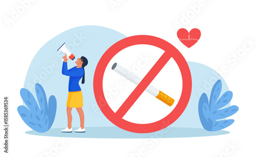 Quit smoking. World No Tobacco Day. Speaker promoting health awareness through stop nicotine addiction. Smokers quitting smoke cigarettes, refusing from tobacco, rejecting from unhealthy bad habit