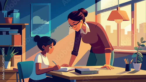 vector illustration of a mother helping her daughter with school tasks
