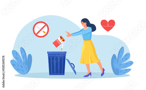 Quit smoking concept. Woman throws away packaging in trash can. Stop nicotine addiction. Smokers quitting smoke cigarettes, refusing from tobacco, rejecting from unhealthy bad habit