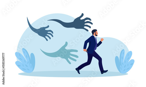 Fear attack, afraid or negative feeling. Businessman afraid from nightmare. Struggle from business failure, depression or panic attack. Frightened person running away from creepy monster