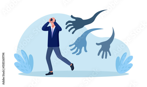 Fear attack, afraid or negative feeling. Businessman afraid from nightmare. Struggle from business failure, depression or panic attack. Frightened person running away from creepy monster