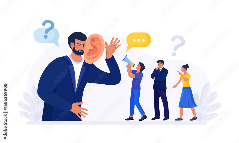 Businessman with big ear to hear people. Leader hearing voice of employees on meeting. Skill of boss to listen to advice, suggestions and opinions. Manager talking with customers, client feedback Businessman with big ear to hear people. Leader hearing voice of employees on meeting. Skill of boss to listen to advice, suggestions and opinions. Manager talking with customers, client feedback