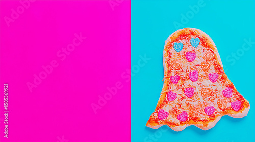 Social media Halloween ghost pizza neon blue pink background party snack pop art food design youth creative kids celebration modern trendy playful 2000s y2k fun mockup copy space blank ad