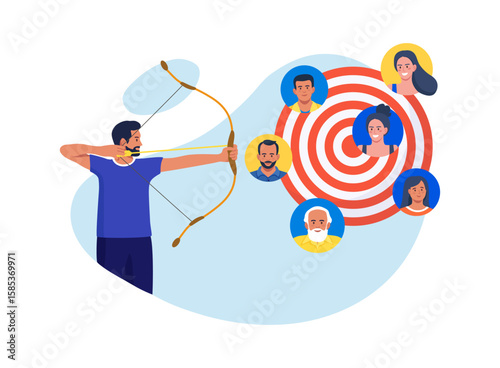 HR manager finding candidate for job vacancy. Businessman shooting bow on target with people avatar. Target audience for advertising. Leader finding customer or client. Recruitment hiring process
