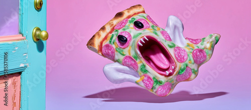 Pop culture Halloween surreal pizza ghost cartoon slice open mouth foor home pastel pink purple background quirky food art digital creative youth social media viral concept fantasy 90s fun mockup 